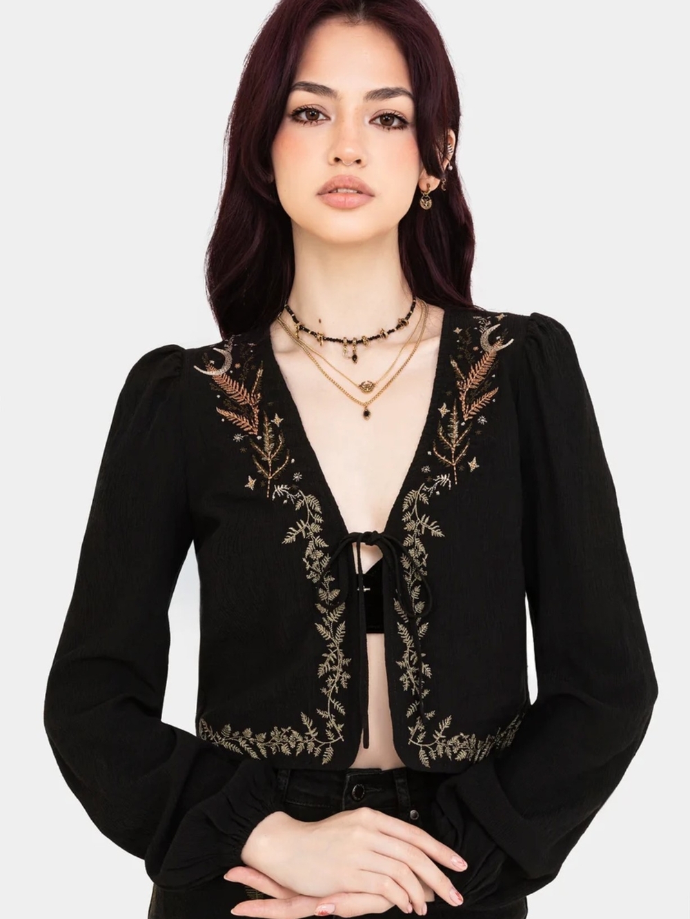 Disturbia Black Cropped Embroidered Tie-Front Top